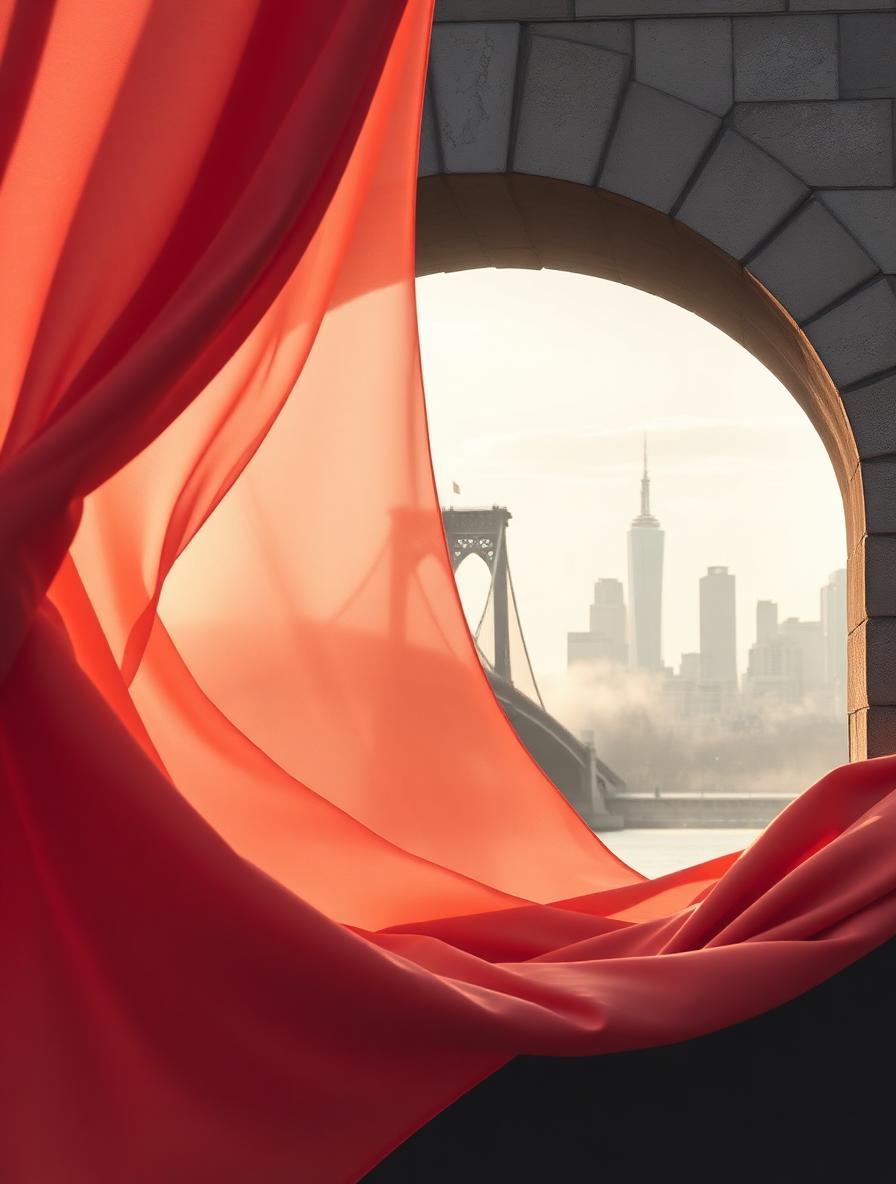 Cultural bridge between Europe and North America — draped silk and arched stone framing a Manhattan skyline